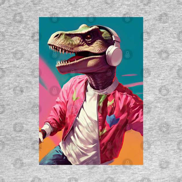 Cool Funny Dinosaur T-Rex Listen to Music Painting by Juka